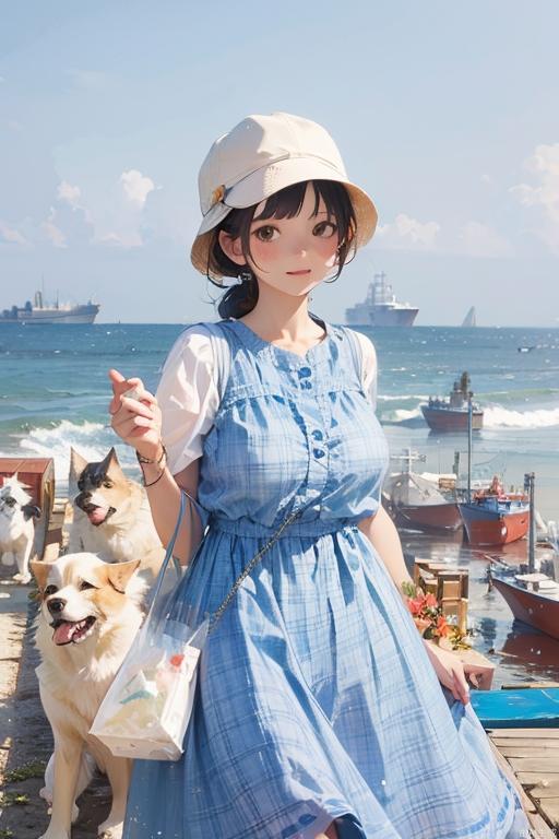 1 girl, seaside, blue dress, hat, white skin, cargo ship, white dog,