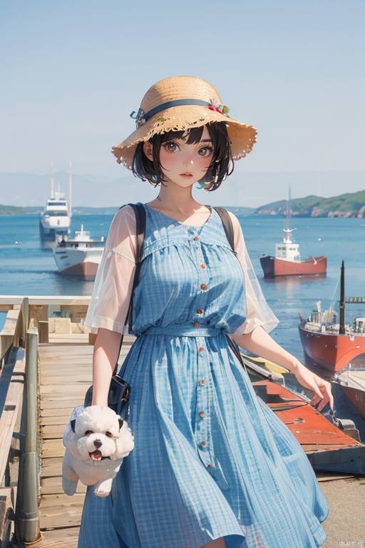 1 girl, seaside, blue dress, hat, white skin, cargo ship, holding pet, dog, bichon frise