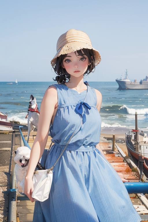 1 girl, seaside, blue dress, hat, white skin, cargo ship, holding pet, dog, bichon frise