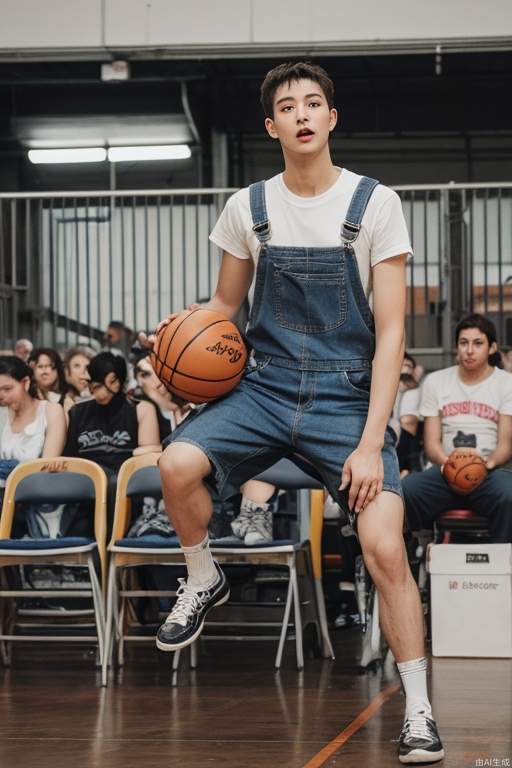 A chicken playing basketball in overalls, boy