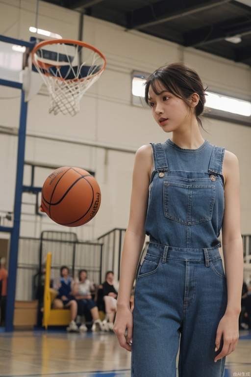 A chicken playing basketball in overalls