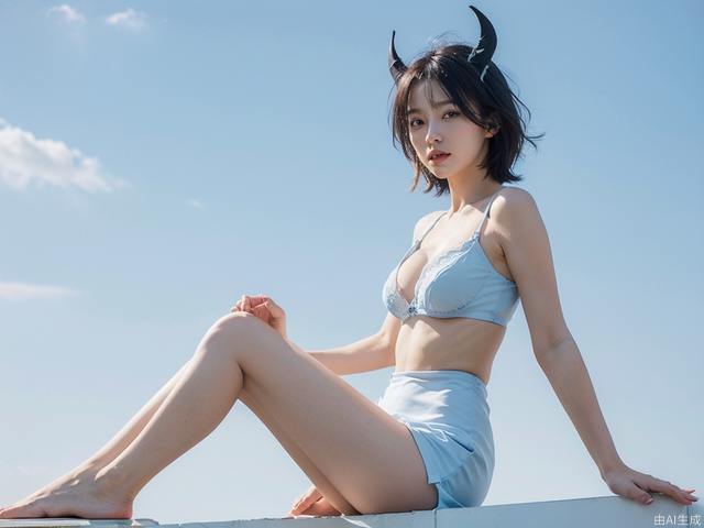 1girl, bare shoulders, barefoot, black eyes, black hair, blue eyes, blurry background, breasts, cn girl6, covering breasts, dress, fake horns, feet, lingerie, lips, looking at viewer, medium breasts, nurse, open clothes, parted lips, realistic, short hair, solo, underwear, white panties，(Sky Blue Background:1.6, Dark Background: 1.6), space, planets, universe, starlight, (exposure：0.25)，rays:0.85,