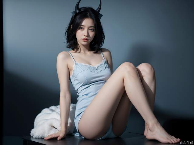 1girl, bare shoulders, barefoot, black eyes, black hair, blue eyes, blurry background, breasts, cn girl6, covering breasts, dress, fake horns, feet, lingerie, lips, looking at viewer, medium breasts, nurse, open clothes, parted lips, realistic, short hair, solo, underwear, white panties，starry background,(Sky Blue Background:1.6, Dark Background: 1.6), space, planets, universe, starlight, (exposure：0.25)，rays:0.85, 