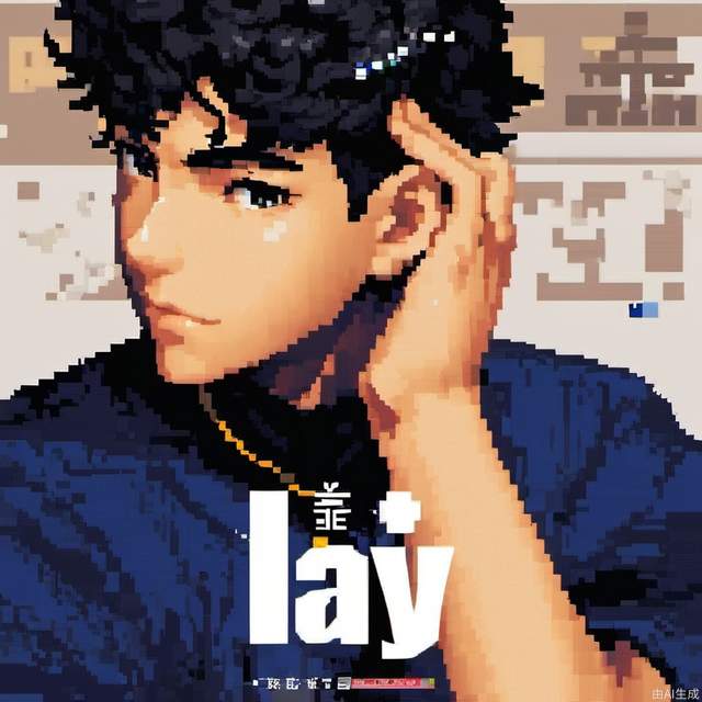 1 boy. Curly hair. Blue clothes, yellow skin, <lora:MG_pixel style:1>,