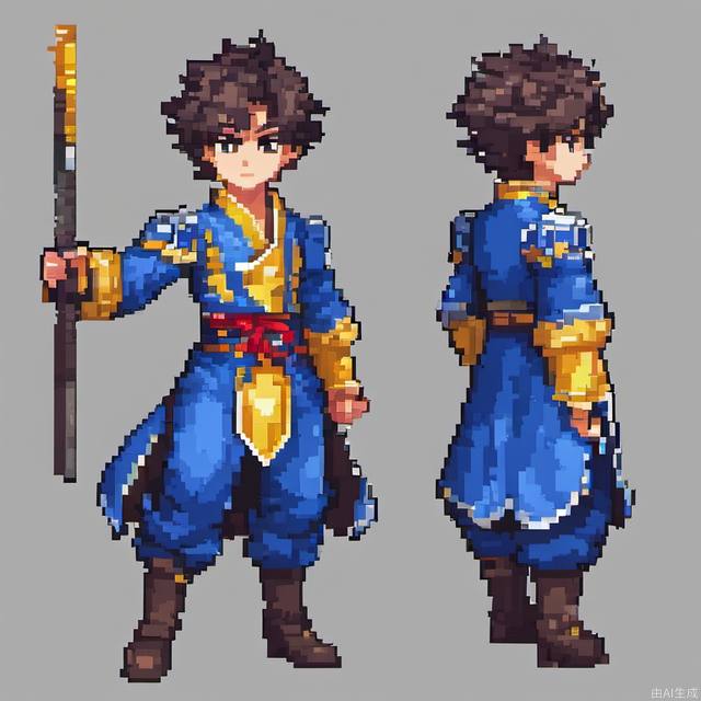 1 boy. Curly hair. Blue clothes, yellow skin, <lora:MG_pixel style:1>,