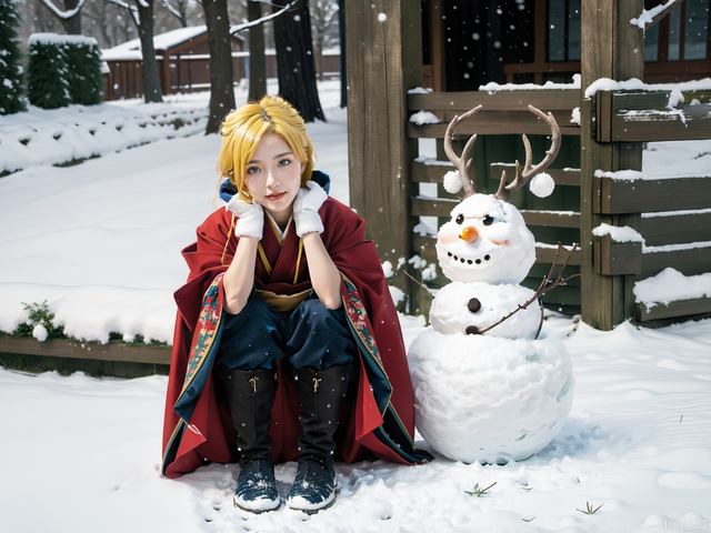 1 girl with yellow hair, hanbok, blue eyes, deer, snow, red boots, mittens, snowballs, snowman, perfect details