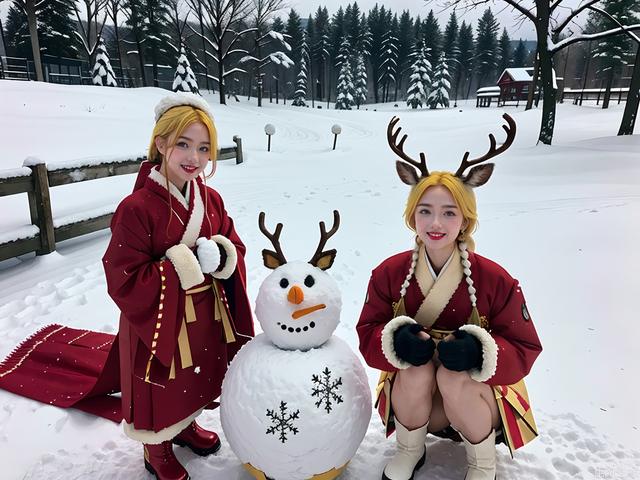 1 girl with yellow hair, hanbok, blue eyes, deer, snow, red boots, mittens, snowballs, snowman, perfect details