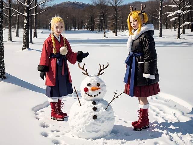 1 girl with yellow hair, hanbok, blue eyes, deer, snow, red boots, mittens, snowballs, snowman, perfect details