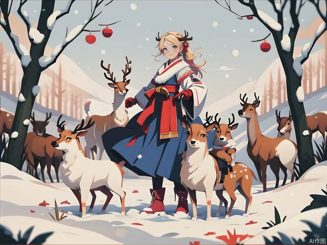 1 girl with yellow hair, hanbok, blue eyes, deer, snow, red boots, mittens, snowballs, snowman, perfect details