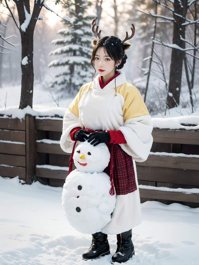 1 girl with yellow hair, hanbok, blue eyes, deer, snow, red boots, mittens, snowballs, snowman, perfect details, PVC figure,cinematic photo, 4k, highly detailed, uhd image,intricate details, detailed scene background, detailed, 8k, trending, amazing art, colorful