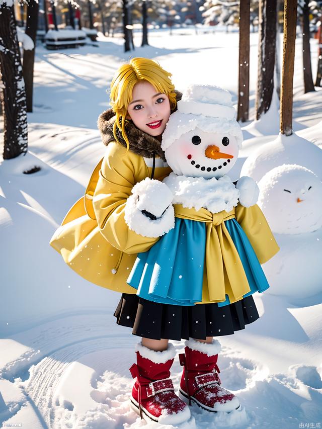 1 girl with yellow hair, hanbok, blue eyes, deer, snow, red boots, mittens, snowballs, snowman, perfect details, PVC figure,cinematic photo, 4k, highly detailed, uhd image,intricate details, detailed scene background, detailed, 8k, trending, amazing art, colorful