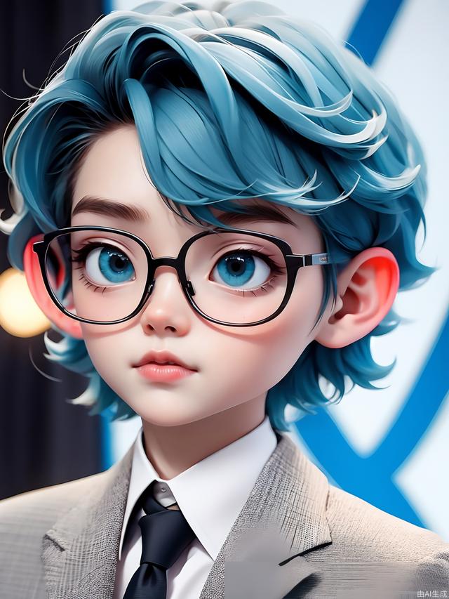 1 boy, blue hair, blue eyes, yellow skin, suit, glasses,