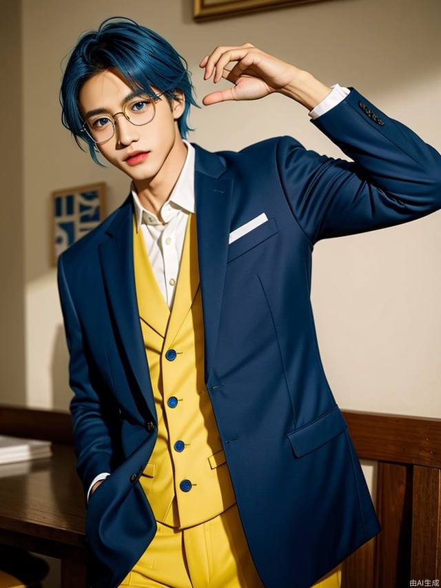 1 boy, blue hair, blue eyes, yellow skin, suit, glasses,