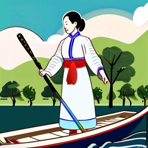 A Chinese woman dressed in white is standing on an oar boat. There are many trees around the river bank. It is sunny and sunny