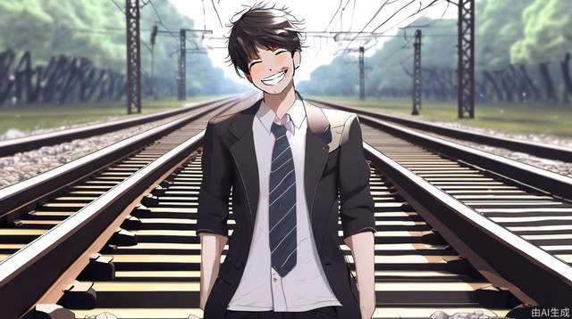 male, smile, incredibly absurdres, day, railroad tracks, full_shot