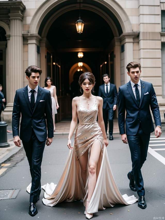 3 handsome guys in suits and 2 beautiful women in dresses