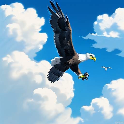 The eagle soars in the blue sky and white clouds