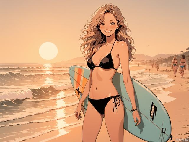full body, the beautiful and sexy woman standing on the beach, in front of sunset, wearing bikini, holding a surfing board, with a smile, the waves towards the beach, two-thirds of the left down is the beach, and one-third of the right is the sea, some people are surfing in the sea