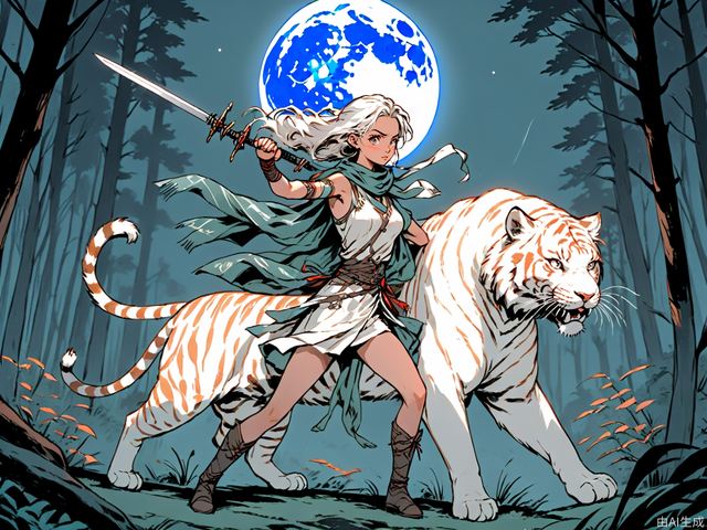young female, fighting stance, in forest, in the night, stand in front of a big full moon, archer, holding a sword, riding a white tiger, the character takes over one-third of whole picture, the wind blowing the the scarf on the armor,