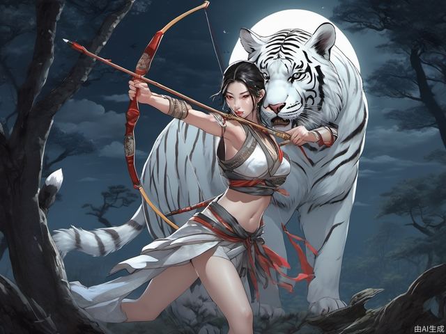 young female, fighting stance, in forest, in the night, stand in front of a big full moon, archer, holding a bow, aiming at viewer, riding a white tiger, Chinese style, the character takes over one-third of whole picture, the wind blowing the the scarf on the armor, the arrow flying to the viewer