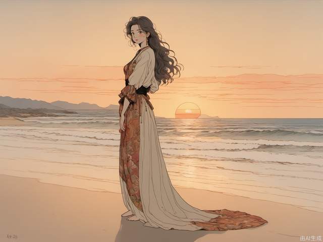 full body, the woman standing on the beach, in front of sunset, ceremonial dress, with her hands behind her back, with a shy smile, the soft waves towards the beach, two-thirds of the left down is the beach, and one-third of the right is the sea