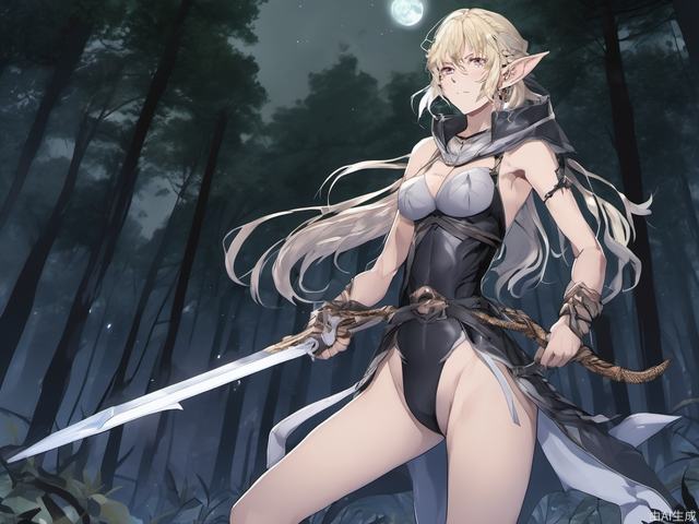 young female elf, fighting stance, artoria pendragon (alter swimsuit rider) (second ascension) (fate), forest, with tiger, prepare for battle, in the night, full_moon,