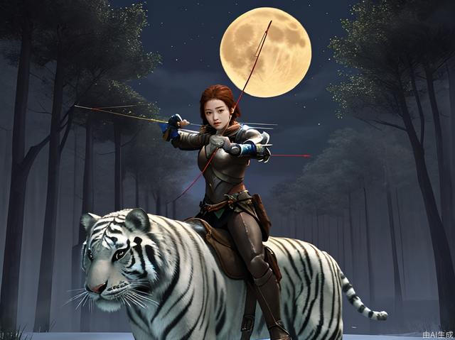 young female, fighting stance, in forest, in the night, stand in front of a big full moon, archer, holding a bow, aiming at viewer, riding a white tiger, the character takes over one-third of whole picture, the wind blowing the the scarf on the armor, the arrow flying to the viewer