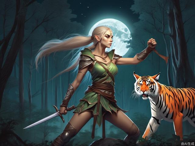 young female elf, fighting stance, forest, with tiger, prepare for battle, in the night, in front of a full moon,