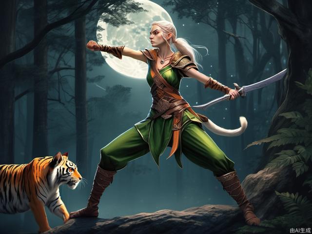 young female elf, fighting stance, forest, with tiger, prepare for battle, in the night, in front of a full moon,