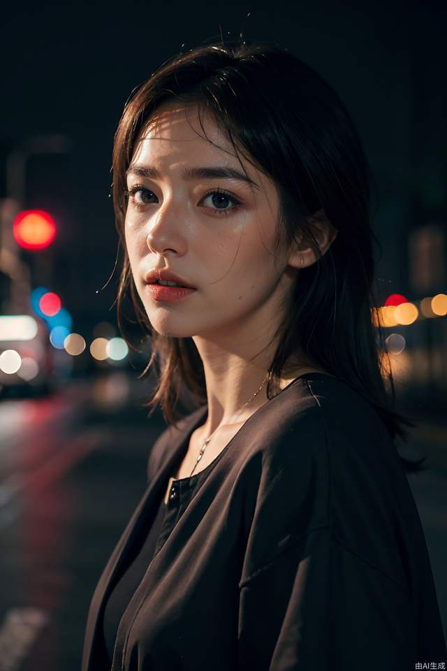 (RAW photo, 4k, realistic, exquisitely detailed skin),masterpiece,best quality,unity 8k wallpaper,ultra detailed,cinematic look,natural skin texture,extremely realistic skin texture,finely detailed face,(film grain:1.2),cinematic angle,Fujifilm XT3,,(highlydetailed),(night scene),(street corner),(1girl),(detailed lighting),(contrast),(mysterious atmosphere),,vivid illumination,,masterful technique,,harmonious composition,,immersive atmosphere,,stunning visuals,