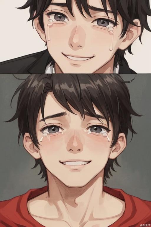 a boy smiled with some tears
