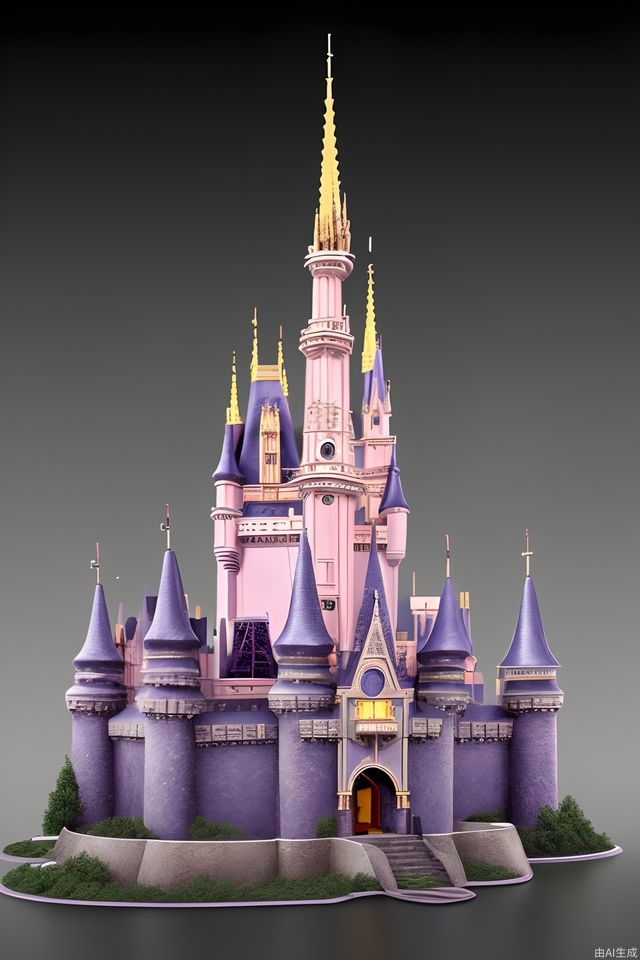 Ancient European dark style architecture, animation style, reference to Disney, front vision, purple and pink castle, and a little more animation