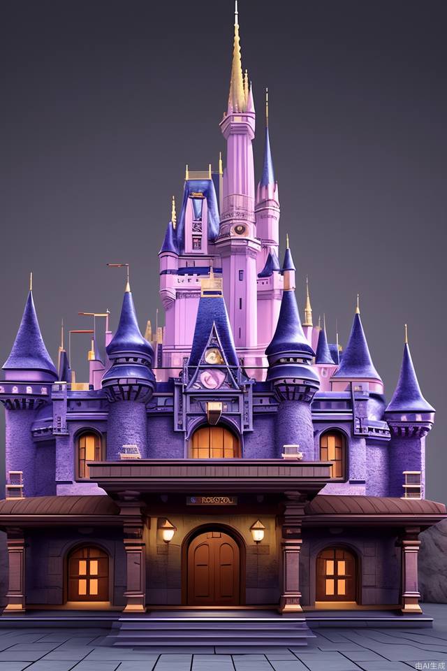 Ancient European dark style architecture, animation style, reference to Disney, front vision, purple and pink castle, and a little more animation