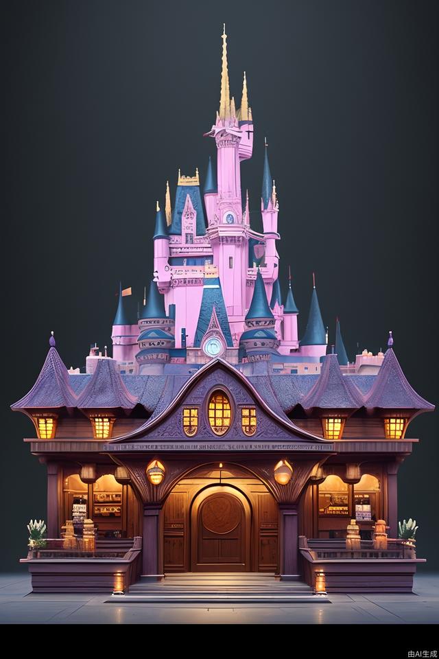 Ancient European dark style architecture, animation style, reference to Disney, frontal vision, purple and pink castle, and a little animation, oil painting sense