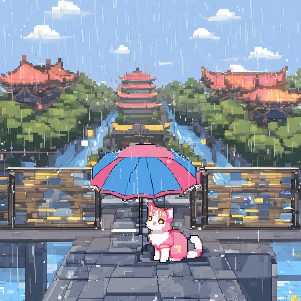 像素风格，MG_xiangsu，雨，猫