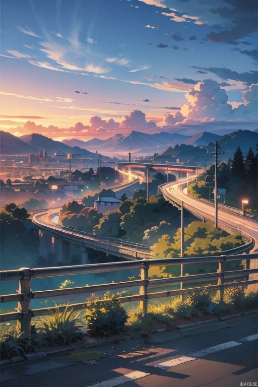 beautiful anime scenery of highway going to the hills in a city,masterpiece,best quality,detailed,anime style,