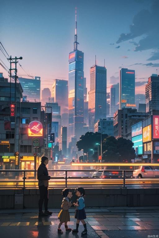 (Style like Studio Ghibli), (Masterpiece, highest quality), Cyberpunk, City streets in the sunshine afternoon, Skyscrapers, Neon lights, People coming and going