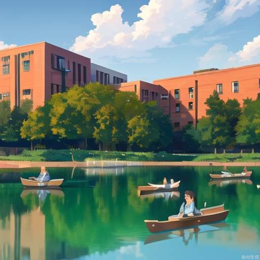 High-resolution image of a serene lake on a Chinese university campus, with students rowing boats, walking along the shore, and enjoying the peaceful scenery，8k resolution, High saturation