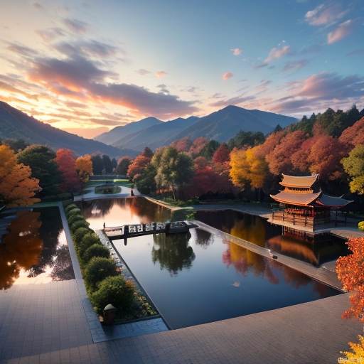 High-resolution image of a serene Chinese campus at sunset, vibrant autumn colors in the trees, and a scenic pond reflecting the sky，8k resolution, highres,