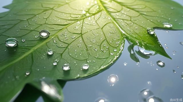 The water drop on the leaf sparkles under the sunlight.
The water drop slowly slides off the edge of the leaf, gradually accelerating.
The camera follows the water drop, capturing the moment it hits the water surface.
The water surface creates ripples upon the impact of the water drop, gradually spreading out.