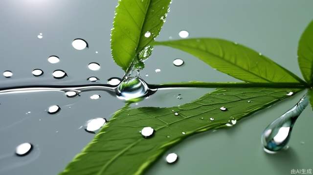 The water drop on the leaf sparkles under the sunlight.
The water drop slowly slides off the edge of the leaf, gradually accelerating.
The camera follows the water drop, capturing the moment it hits the water surface.
The water surface creates ripples upon the impact of the water drop, gradually spreading out.