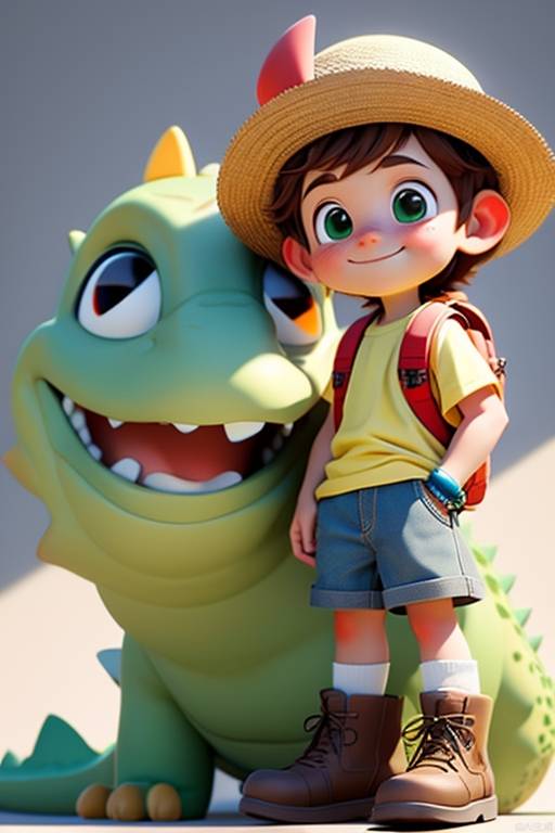 C4D,(masterpiece: 1.2), best quality, high resolution, very detailed CG, perfect lighting, 8k wallpaper, single person, 1boy, male focus, smile, smile, yellow hat, shorts, brown hair, brown shoes, socks, bracelets, backpacks, shirts, belts, standing, green eyes, whole body, blank background, white socks, white shirts, shoes, boys, boots, red Hair, Short Sleeve, Yellow Headwear, MG_ip, Pixar, Crocodile, Cute, Pet