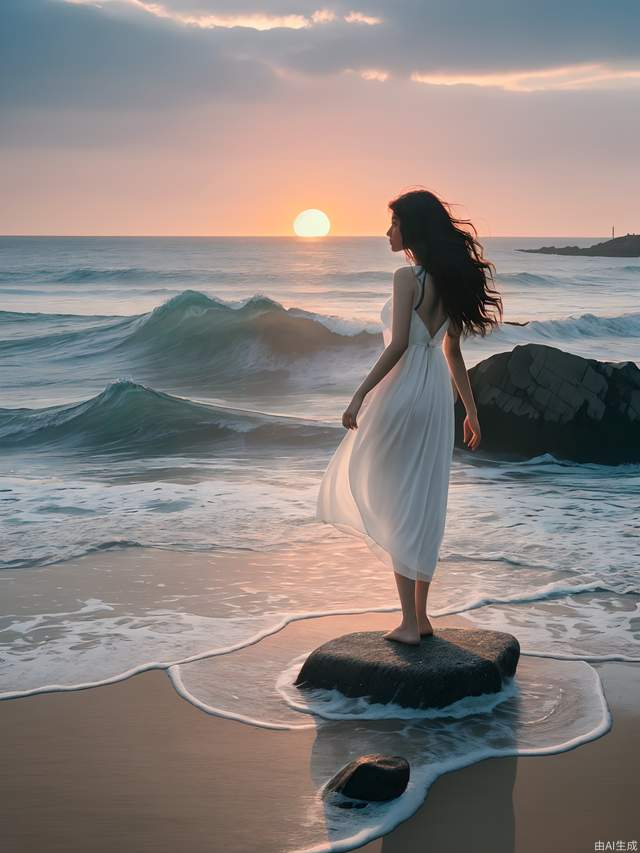 Beautiful seaside island, the waves are beating against the stones on the island, a beautiful girl stands on a huge stone, with long hair fluttering, white dress, looking out at the distant sea, sunrise scene, large aperture, wide-angle lens, movie texture