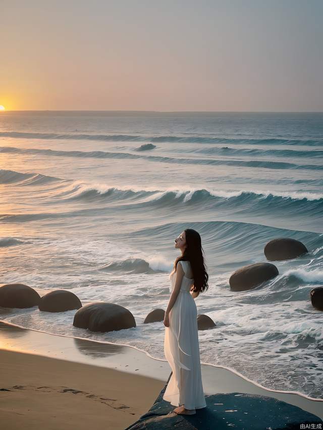 Beautiful seaside island, the waves are beating against the stones on the island, a beautiful girl stands on a huge stone, with long hair fluttering, white dress, looking out at the distant sea, sunrise scene, large aperture, wide-angle lens, movie texture