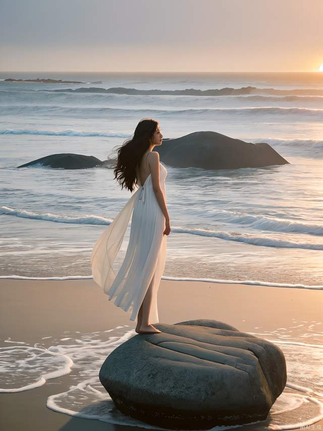 Beautiful seaside island, the waves are beating against the stones on the island, a beautiful girl stands on a huge stone, with long hair fluttering, white dress, looking out at the distant sea, sunrise scene, large aperture, wide-angle lens, movie texture