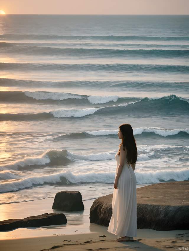 Beautiful seaside island, the waves are beating against the stones on the island, a beautiful girl stands on a huge stone, with long hair fluttering, white dress, looking out at the distant sea, sunrise scene, large aperture, wide-angle lens, movie texture