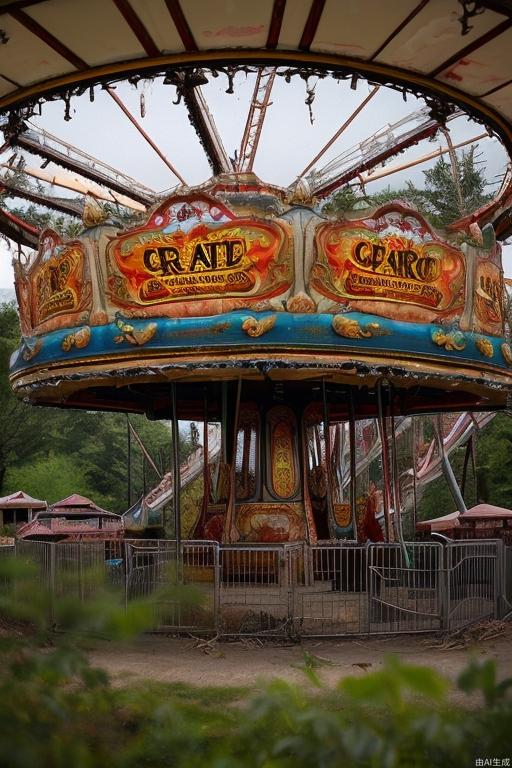 An abandoned amusement park reclaimed by nature, with rusted roller coasters and a carousel frozen in time.
blurry