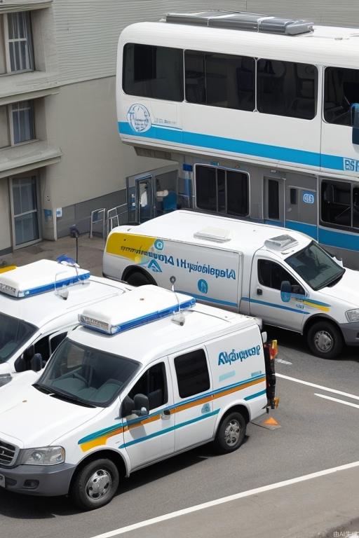 A hospital with ambulances parked downstairs