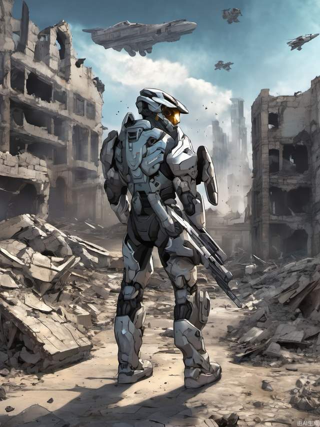 Future warrior holding a gun, game mecha, halo style, 3D comic style, the background is the ruins of buildings, ridiculous, followed by a ragged little boy, fighter jets flying in the sky