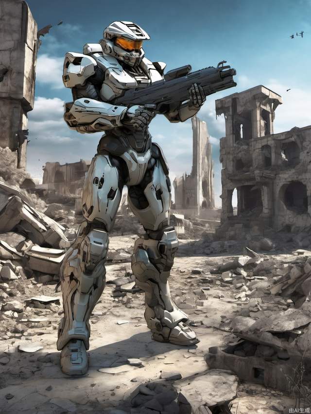 Future warrior with gun in hand, game mecha, halo style, 3D comic style, building ruins in the background, absurdres,